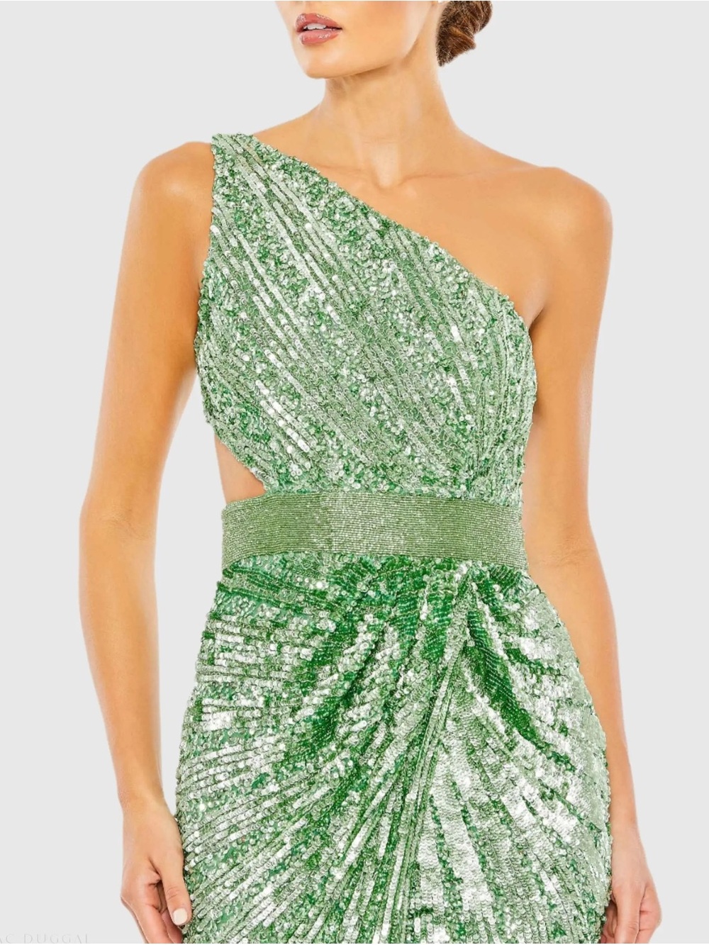 Mac Duggal One-Shoulder Green Sequin Prom Dress
